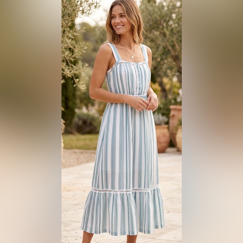 eva mendes for New York & Company White and Seafoam Striped Midi Dress (NWT)